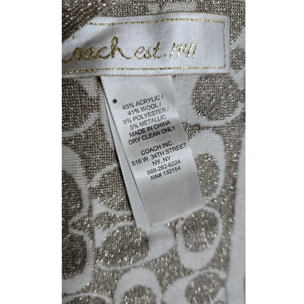 Coach Metallic Signature C Logo Knit Scarf Ivory Gold Wool Blend